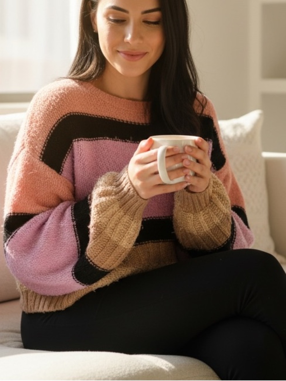 UO Beau Boat neck Striped Colorblock Knit Textured Ballon Sleeve Crop Sweater